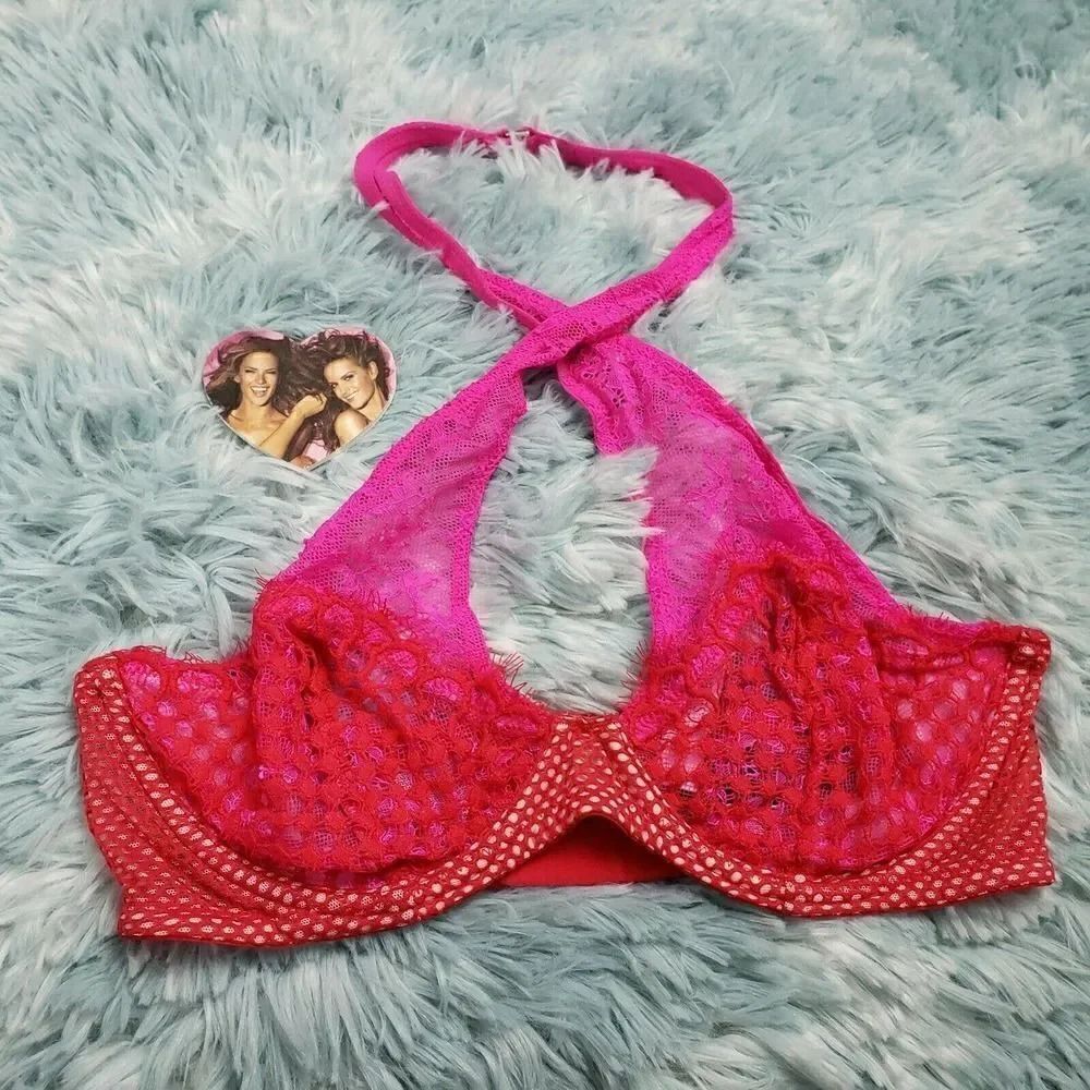 Victoria's Secrets Red Hot Pink Fish Net Unlined Demi Bra Size 32 C